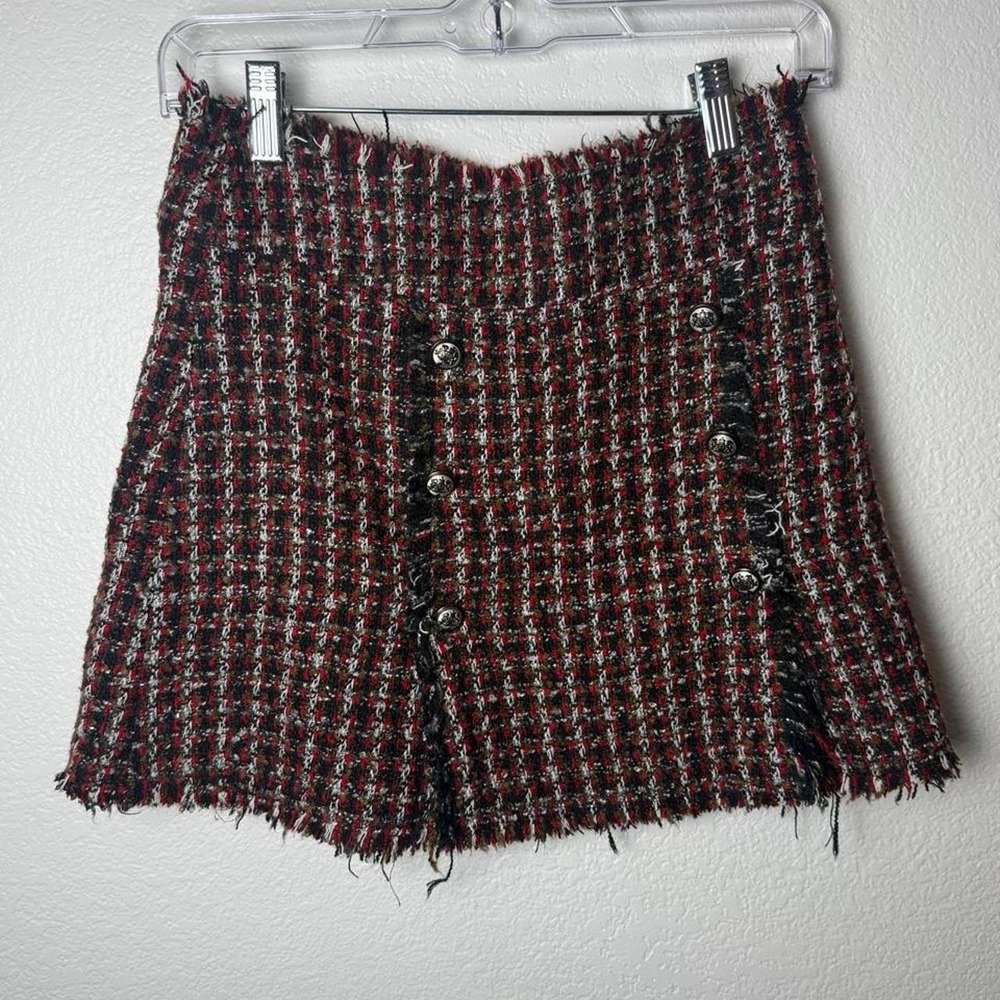 Zara Woman Red‎ Black Plaid Tweed Mini Skirt Frayed Hem Crest Buttons Size S